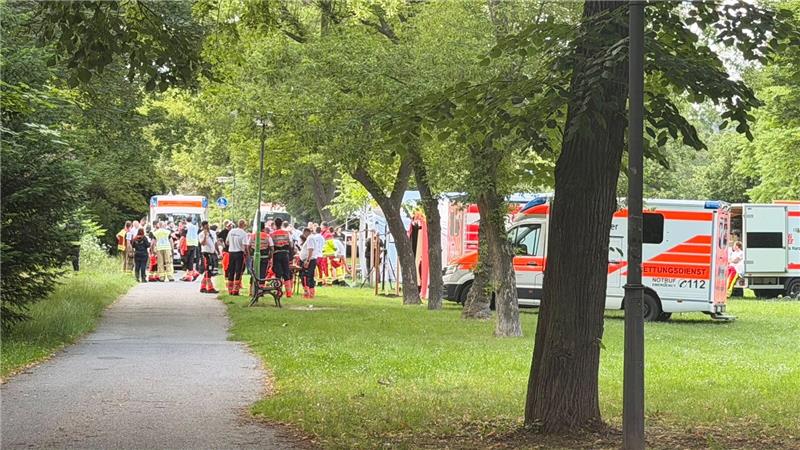 Einsatzkräfte und Einsatzfahrzeuge stehen auf einer Wiese zwischen Bäumen.