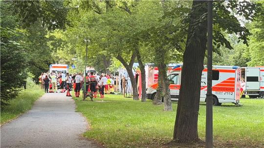 Einsatzkräfte und Einsatzfahrzeuge stehen auf einer Wiese zwischen Bäumen.