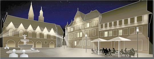 Mehrere Mastleuchten sollen die wichtigsten Gebäude auf dem Marktplatz erstrahlen lassen. Entwurf: Schmitz Schiminski Nolte Mathee Design PartG