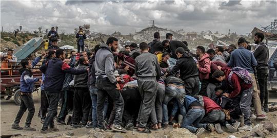 Menschen drängen sich um Pakete mit humanitärer Hilfe, die über dem nördlichen Gazastreifen abgeworfen wurden. Israel hat „sofortige Schritte“ zur Erhöhung humanitärer Hilfe für die Zivilbevölkerung beschlossen. Foto: Mahmoud Issa/dpa
