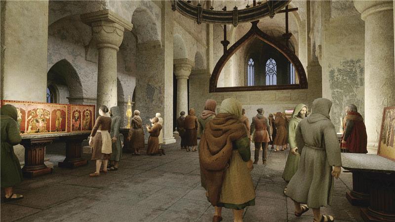 In einer Szene aus dem virtuellen Dom besuchen Menschen die Kirche.