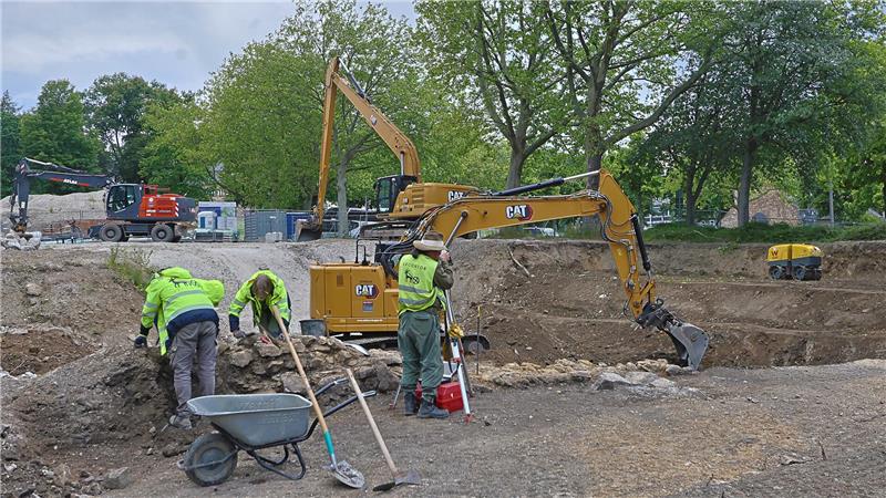 Bauarbeiter in Warnkleidung bedienen Bagger und Schaufeln auf einer Baustelle mit Erde und Bäumen im Hintergrund