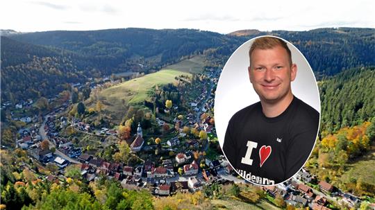 Das Bild zeigt eine Luftaufnahme von Wildemann und den Ortsratsherr Michel Hus eingeklinkt.