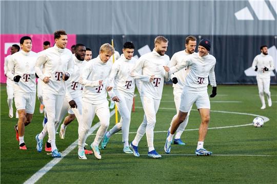 Min-jae Kim (l-r), Leon Goretzka, Dayot Upamecano, Frans Krätzig, Aleksandar Pavlovic, Konrad Laimer, Harry Kane und Thomas Müller vom FC Bayern München wärmen sich während der Trainingseinheit auf.