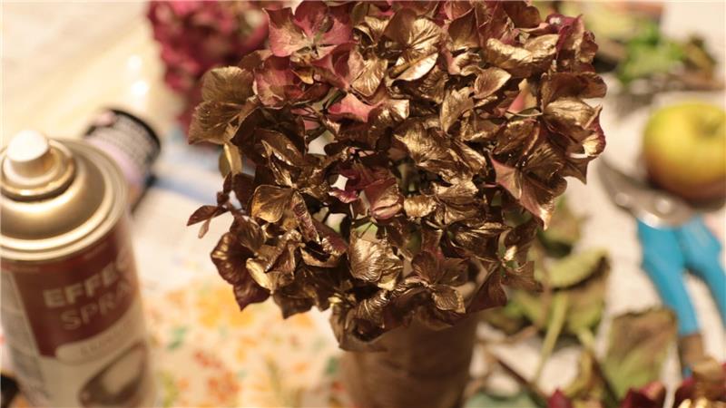Mit Goldlack wirken die zuvor getrockneten Hortensienblüten edel.