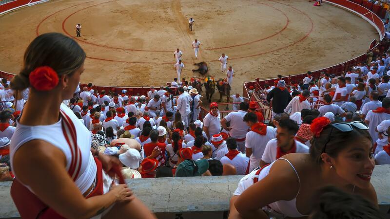 Mit Hilfe von Pferden wird ein getöteter Stier aus der Arena geschleift. Sein Fleisch kommt meist in lokalen Metzgereien zum Verkauf.