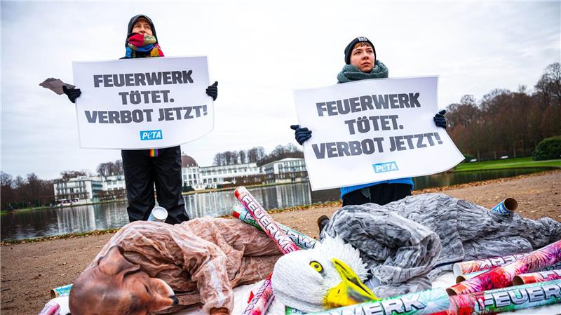 Mit Masken und Kunstblut protestieren Aktivisten in Bremen gegen Feuerwerk.