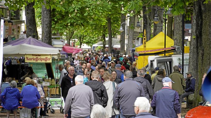 Zahlreiche Menschen schlendern eine Allee auf und ab. Neben ihnen sind Essens-Stände aufgebaut.