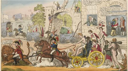 Mit derbem Spott kommentieren die Zeitgenossen, dass Frankreich 1814 die geraubten Kunstgegenstände zurückgeben musste. Hier jammert Louvre-Direktor Denon (im Fenster) den abziehenden Bildern und Skulpturen hinterher (Karikatur von George Cruikshank, 1815).