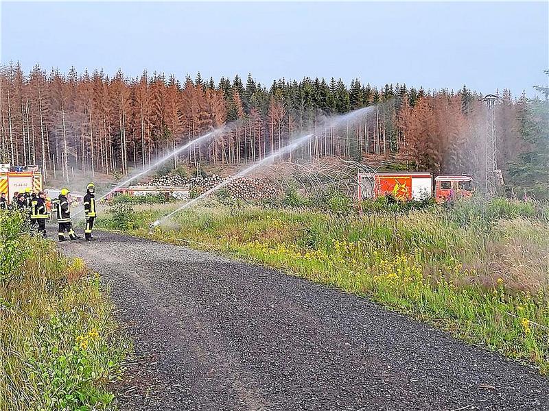 Mit modernem Gerät trainieren die Feuerwehrleute die Bekämpfung des fiktiven Waldbrandes. Foto: Feuerwehr