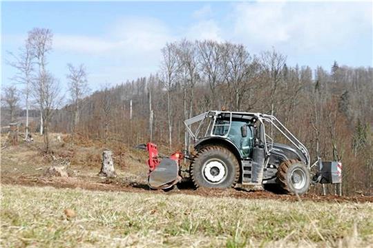Mit schweren Maschinen ist Pierre Marschall von der Firma Wienrich damit beschäftigt, die 17.000 Quadratmeter große Fläche zu mulchen, damit aus dem ehemaligen Fichtenwald eine Bergwiese werden kann. Foto: Forstamt