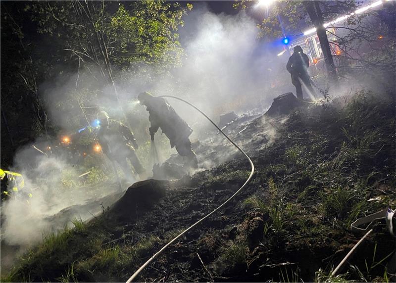 Mit viel Wasser löschen die Einsatzkräfte der Freiwilligen Feuerwehr Braunlage im Sommer 2022 ein Feuer im Wald an der Kreisstraße 68. Foto: GZ-Archiv