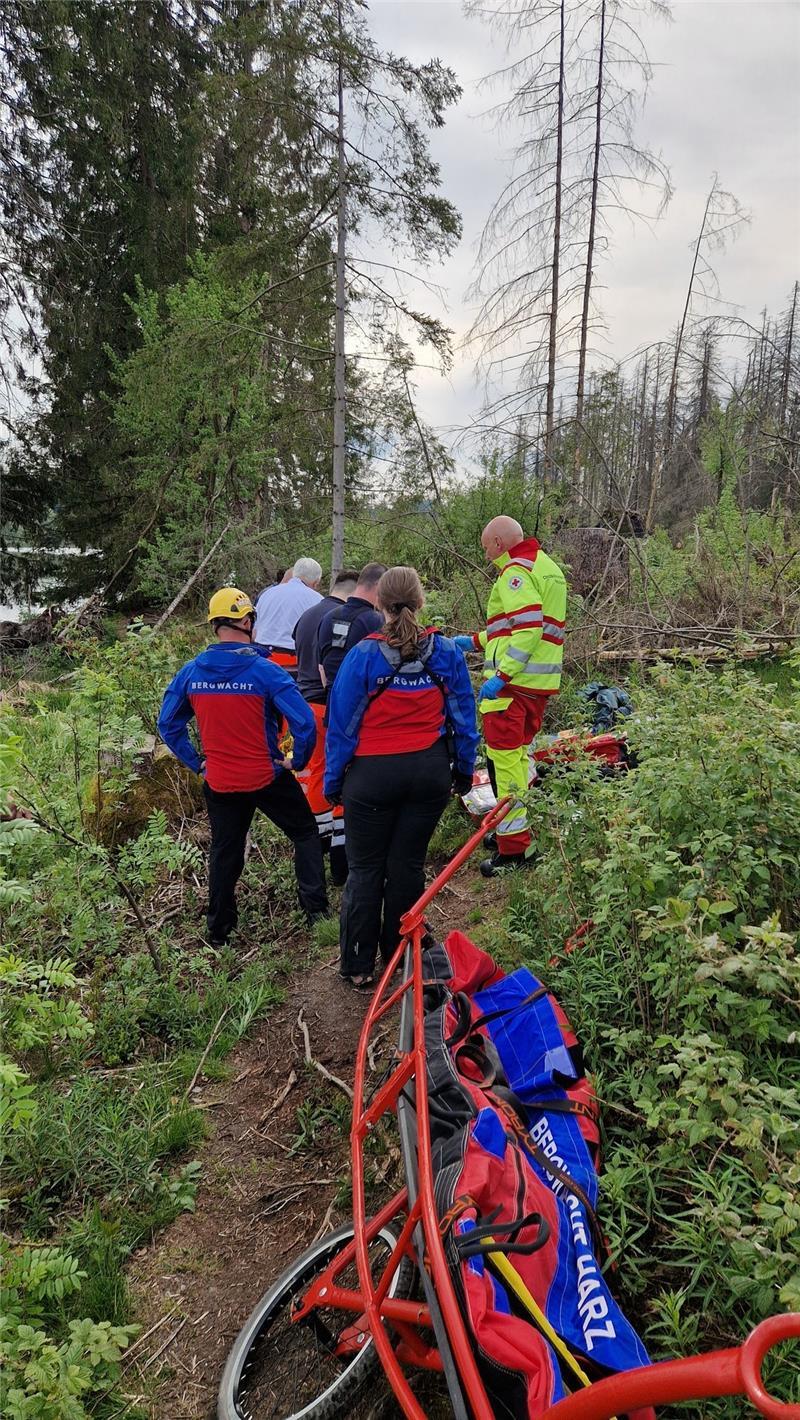 Mittels einer Gebirgstrage musste der Mann auf einem Trampfelpfad transportiert werden. Foto: Bergwacht Clausthal-Zellerfeld/DRK-Ortsverein Clausthal-Zellerfeld
