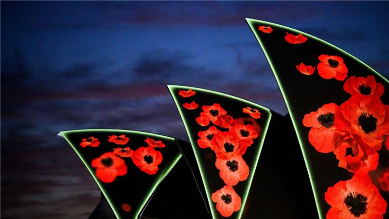 Mohnblumen werden auf die Segel des Opernhauses von Sydney projiziert während der Morgenandacht zum Remembrance Day 2025.