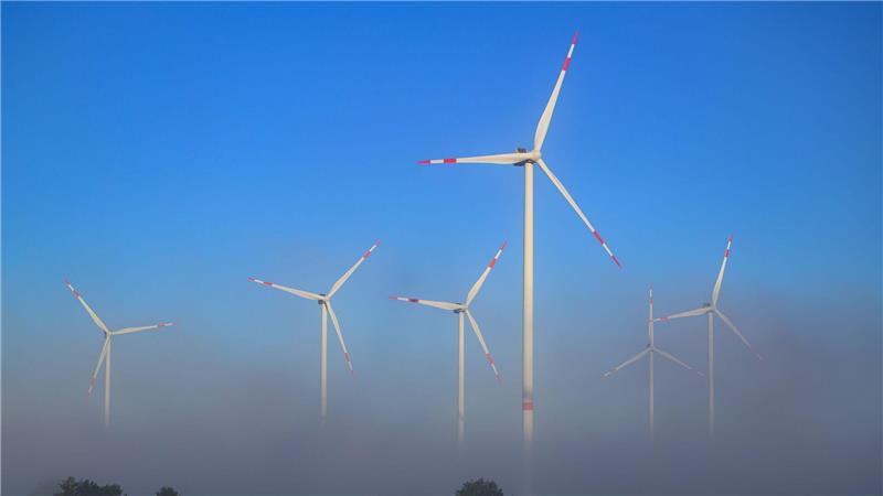 Bilder des Tages Morgens ragen Windenergieanlagen bei Jacobsdorf aus dem Nebel.