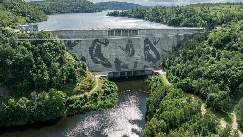 Arbeit an den Riesenschmetterlingen nach vier Wochen beendet Nach beinahe vier Wochen Arbeit ist das Werk vollbracht: Elf Schmetterlinge flattern auf der Staumauer der Rappbodetalsperre. Sie wurden nach Motiven des Künstlers Klaus Dauven aus der verschmutzten Mauer herausgekärchert.