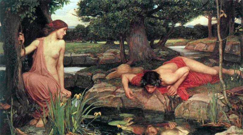 Namensgeber der Persönlichkeitsstörung Narzissmus ist der griechische Halbgott Narziss. Auf diesem Bild von John William Waterhouse blickt Narziss (re.) selbstverliebt ins eigene Spiegelbild. Seine Verehrerin, Nymphe Echo, lässt er links liegen. Foto: dpa