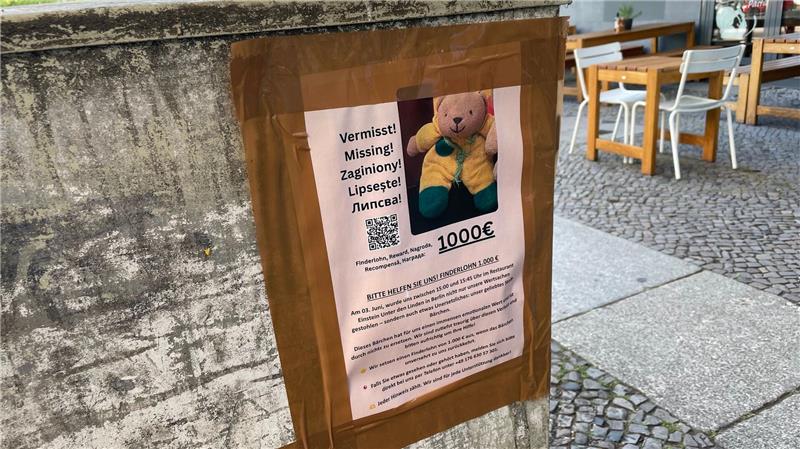 Neben den Plakaten auf Deutsch bittet auch ein eigener Webauftritt auf Englisch, Polnisch, Rumänisch und Bulgarisch um Hinweise zu dem gestohlenen Plüschtier.