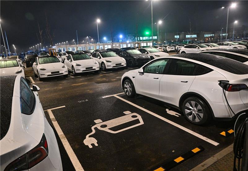 Neue Elektrofahrzeuge vom Typ Model Y auf einem Parkplatz vor dem Werk des US-Elektroautobauers Tesla.
