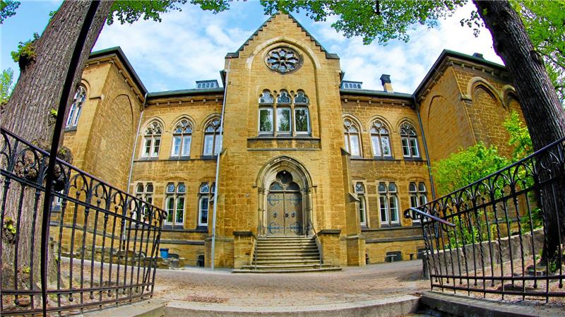 Das Gebäude der Goetheschule umgeben von grünblättrigen Bäumen.