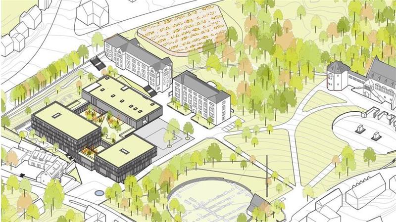Goslarer Pfalzquartier: Das Parken wird völlig neu gedacht Neue Pläne fürs Parken: Hinter dem oberen Altgebäude der Verwaltung soll jetzt seitlich rechts ein dreigeschossiger Parkwall entstehen, der 195 Plätze vorhält und sich der Umgebung optisch anpasst. Zu beachten: Die hier verwendete Darstellung zeigt vor der Kaiserpfalz eine nicht aktuelle Lage von Plätzen und Wegen.