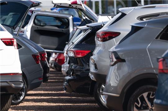 Neuwagen und Gebrauchtwagen stehen bei einem Autohändler nebeneinander. Gründe für den Preisverfall seien zum einen die stagnierende Nachfrage nach E-Autos generell.