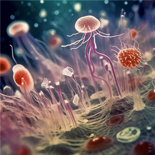 Nicht Tier, nicht Pflanze wie wir sie heute kennen: Die künstlerische Darstellung einer Ansammlung ursprünglicher eukaryotischer Organismen der «Protosterol Biota», die eine mikrobielle Matte auf dem Meeresboden besiedeln.
