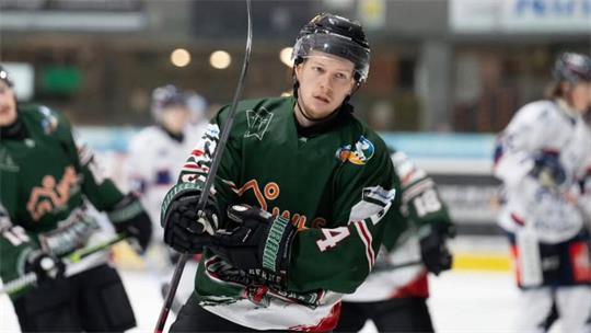 Eishockeyspieler in grünem Trikot und Helm auf dem Eis, im Hintergrund weitere Spieler in unterschiedlichen Trikots