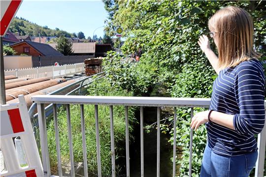 Noch fließt der Töllebach gemächlich in Richtung Langelsheim. Der Verkehr in die andere Richtung in die Ortsmitte von Wolfshagen wird ab Montag nicht mehr fließen. Muss sein, sagt Silke Just von der Bauabteilung beim Landkreis. Foto: Neddermeier