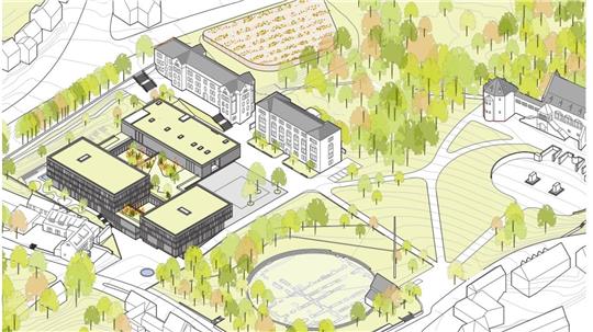 Die Zeichnung zeigt links oben den Entwurf für Hotel und Stadthalle, darunter den geplanten Stiftsgarten auf dem Terrain des jetzigen Parkplatzes. 