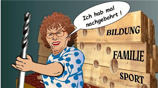 Ob sie wohl einen Bohrschein hat? Karikaturist Ernst Schröder hat für die GZ einmal Bürgermeisterin Renate Lucksch bei einer hoffentlich genehmigten Hausmeisterinnen-Tätigkeit auf Papier festgehalten.
