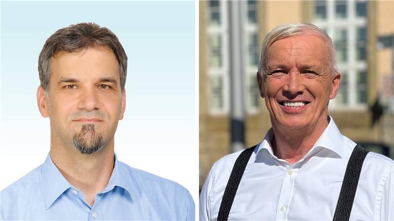 Oberbürgermeister Kai Buchmann (li.) hofft bei der Stichwahl am 24. September „wieder die Nase vorne zu haben“.  Nach dem ersten Durchgang der Oberbürgermeisterwahl in Nordhausen hat der AfD-Kandidat Jörg Prophet jetzt wohl gute Chancen, den Einzug ins Rathaus zu schaffen. Fotos: GZ-Archiv und dpa