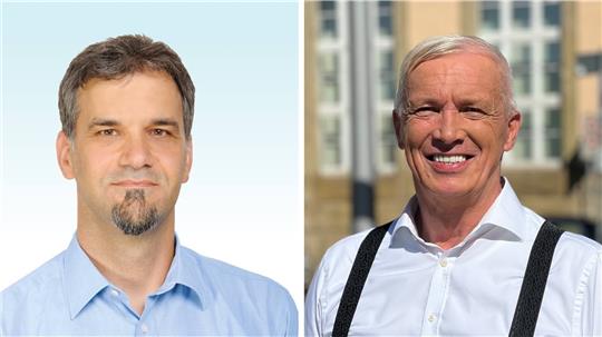 Oberbürgermeister Kai Buchmann (li.) hofft bei der Stichwahl am 24. September „wieder die Nase vorne zu haben“.  Nach dem ersten Durchgang der Oberbürgermeisterwahl in Nordhausen hat der AfD-Kandidat Jörg Prophet jetzt wohl gute Chancen, den Einzug ins Rathaus zu schaffen. Fotos: GZ-Archiv und dpa
