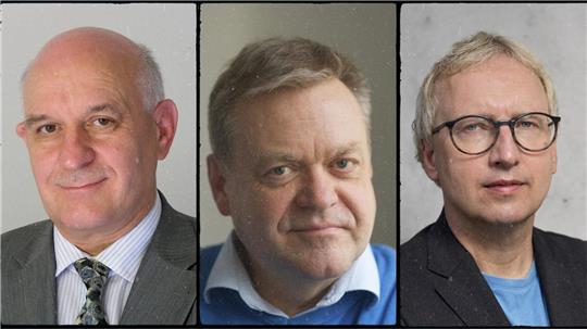Oberst a.D. Wolfgang Richter (l.) ist Mitglied der Forschungsgruppe Sicherheitspolitik bei der Stiftung Wissenschaft und Politik. Dirk Pohlmann (m.) ist investigativer Journalist mit über 30-jähriger Erfahrung im öffentlich-rechtlichen Fernsehen. Johannes Varwick (r.) ist Lehrstuhlinhaber für internationale Beziehungen und europäische Politik an der Martin-Luther-Universität Halle-Wittenberg.