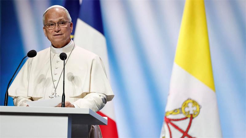 Papst Leo XIV. während seiner Grundsatzrede.