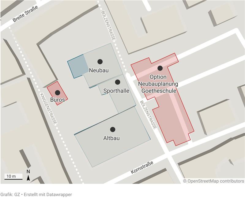 Ein Anbau für die Goetheschule in Goslar kommt frühestens 2031 Eine Kartenansicht zeigt, wo sich die einzhelnen Gebäude am Standort der Goetheschule platzieren.