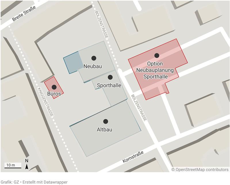 Ein Anbau für die Goetheschule in Goslar kommt frühestens 2031 Eine Kartenansicht zeigt, wo sich die einzhelnen Gebäude am Standort der Goetheschule platzieren.