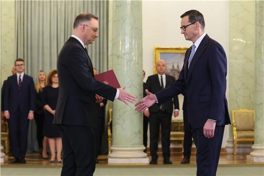 Polens Präsident Andrzej Duda und der ehemalige Ministerpräsident Mateusz Morawiecki in Warschau.