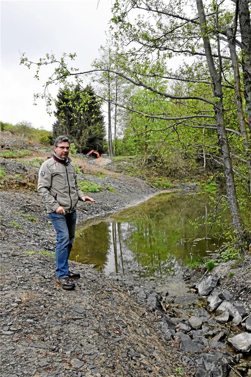 Frisch renoviertes Frosch-Paradies im Goslarer Trüllketal Rainer Schlicht, der stellvertretende Vorsitzende der Natur und Umwelthilfe Goslar an einem der entschlammten Amphibienteiche im Trülketal. Foto: Hartmann