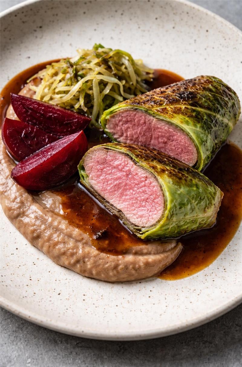 Das Foto zeigt einen Serviervorschlag für zu Hause mit Rehrücken im Spitzkohl mit Maronenpüree und Roter Beete.