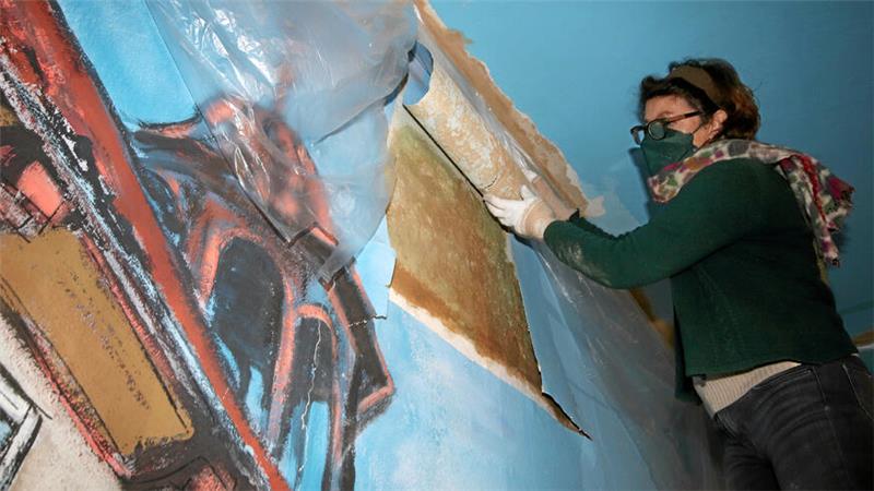 Neuer Glanz für ein historisches Hornburger Wandgemälde im Museum Restauratorin Anja Stadler rollt vorsichtig einen abgelösten Bereich der Gemälde-Tapete auf.