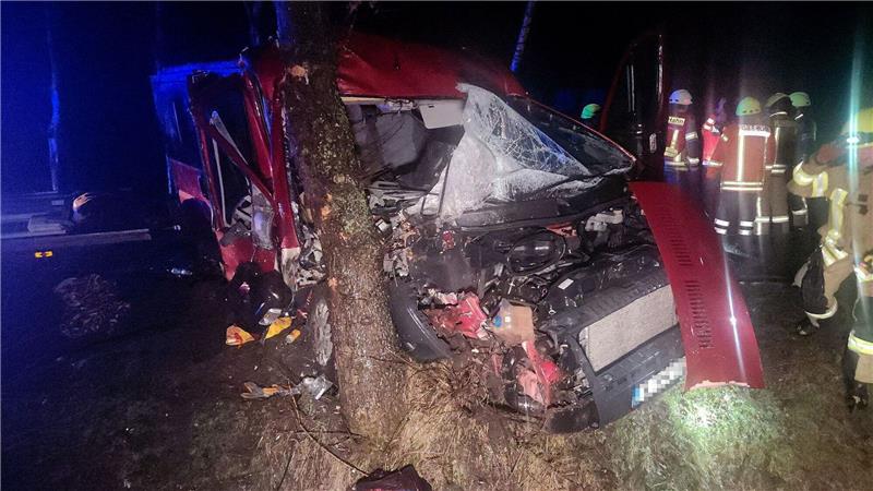 Acht Menschen verletzt: Kleinbus rast gegen Baum Rettungskräfte arbeiten an einem Unfallort.