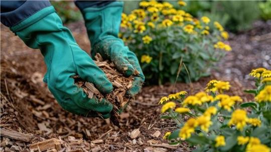 Rindenmulch wird im Beet ausgebracht. 