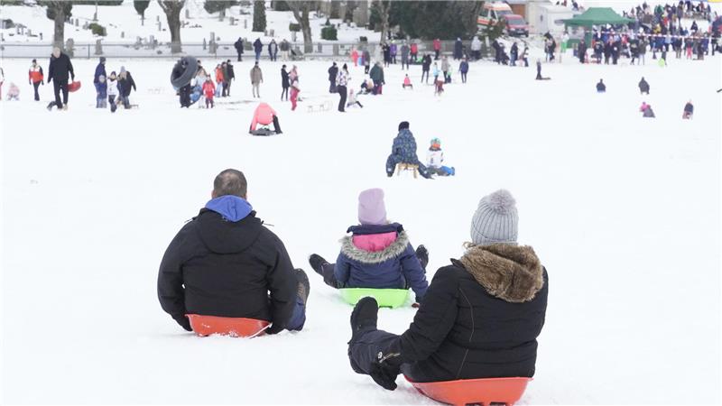 Rodelfreuden im Rudel: Der Hang ist voll.