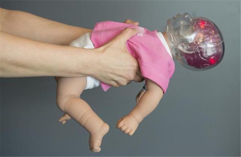 Tödliche Sekunden: Wenn Eltern ihre Babys schütteln Rote Lämpchen im Kopf einer Puppe zeigen, welche Hirnregionen durch das Schütteln eines Säuglings geschädigt werden. Symbolfoto: F. Kraufmann/dpa