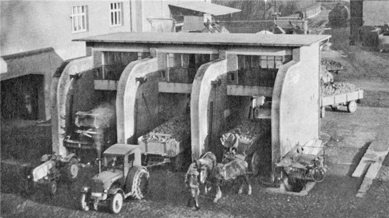 Wie die Zuckerfabrik bei den Schladenern Erinnerungen weckt Rübenanfuhr damals: Mit Treckeranhängern und Pferdegespannen werden früher die Feldfrüchte ins Werk transportiert.