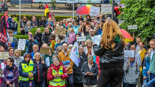 Rund 110 Menschen demonstrieren am Samstag vor dem Bündheimer Schloss gegen die AfD-Bundestagsabgeordnete Christina Baum, während die Linken-Kreisvorsitzende Peggy Plettner Voigt vor Rechtsextremismus warnt.