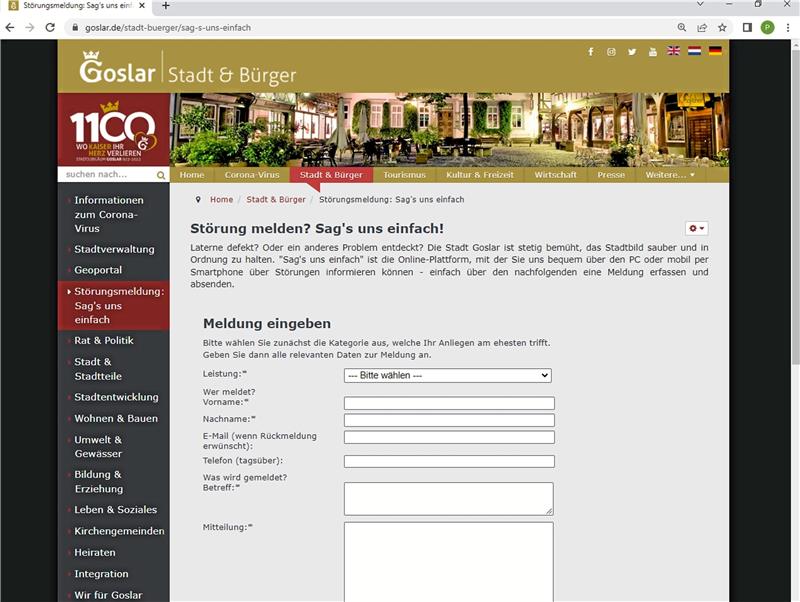 Goslar und der Müll: Dreck-Ecken melden ist kompliziert „Sag‘s uns einfach!“, heißt es auf der Stadt-Homepage. Aber ganz so „einfach“ ist das Meldeformular gar nicht zu finden. Die SPD will Abhilfe schaffen. Screenshot: Hartmann