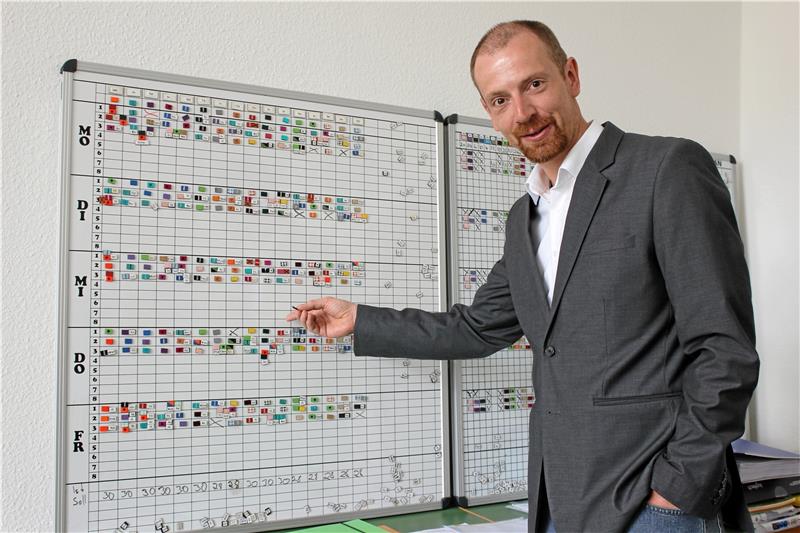 Schachbrettartig zeigen bewegliche Magnetteilchen den Stundenplan der HRS. Für Außenstehende ein buntes Durcheinander. Für Thomas Unseld nicht.  Foto: Stumpf