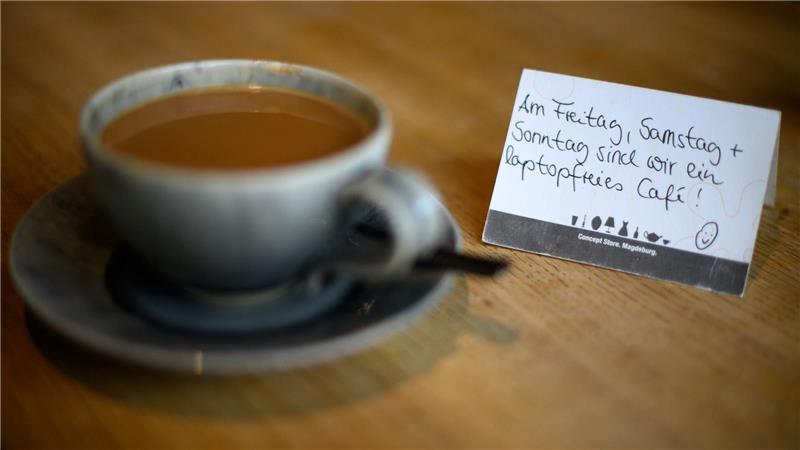 Schilder auf den Tischen weisen im Cafe „Thies Wohnen und Leben“ in Magdeburg auf die laptopfreien Tage hin. 